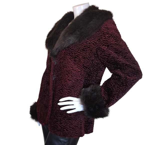 Vintage Burgundy Faux Persian Lamb Coat w/Faux Fur Trim Retro Glam - Picture 2 of 16